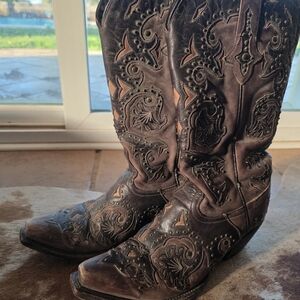 Lucchese Womans 7.5 Intricately Designed 2 Tone Brown Cowboy Boots